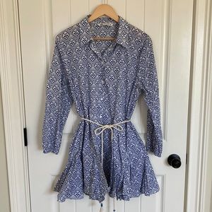 Zara Girly Medallion Print Ruffled Mini Shirt Dress Blue White Size XL